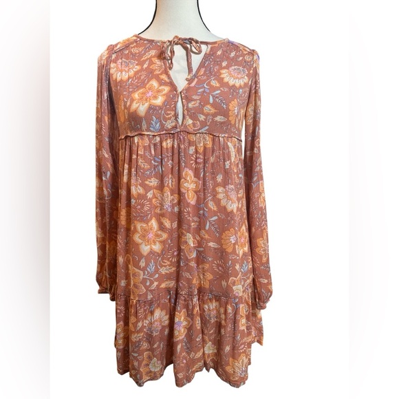 Billabong Floral Long Sleeve Dress - Orange and Cream - Picture 1 of 7